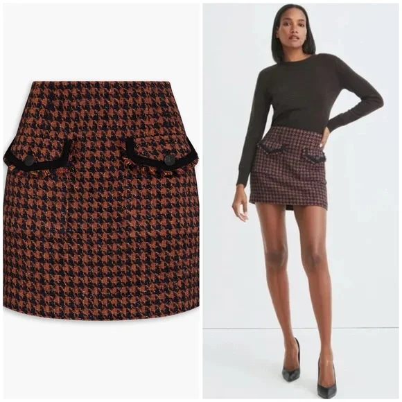 Veronica Beard Andriel Houndstooth Tween Mini Skirt Brown Black Navy Size 4 - Picture 2 of 10